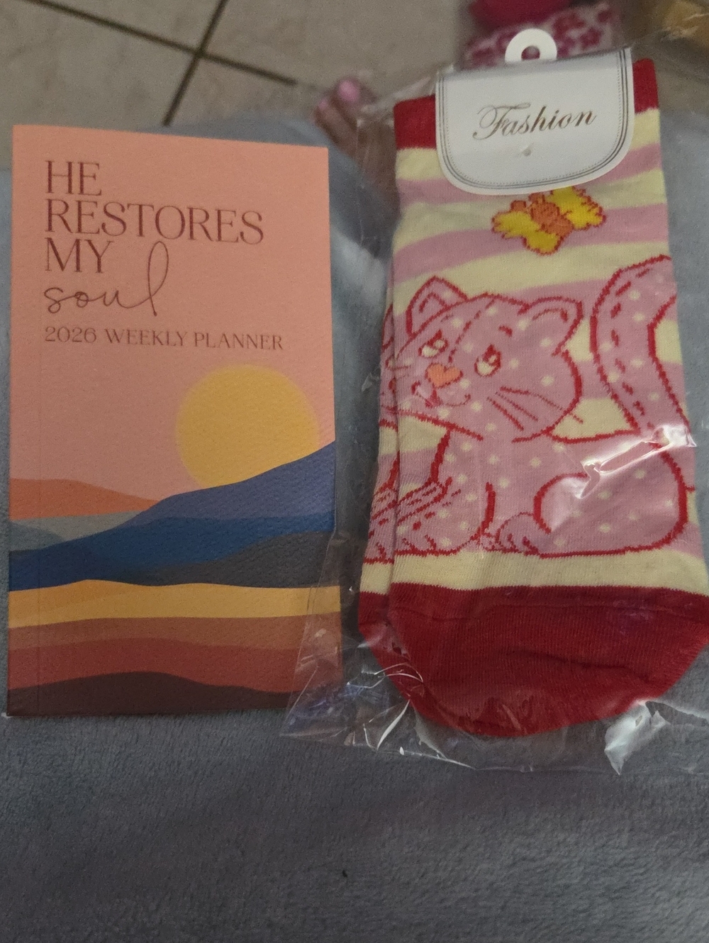 Cute Pink Cat Crew Socks with Red Accents And A Weekly Panner NWOT